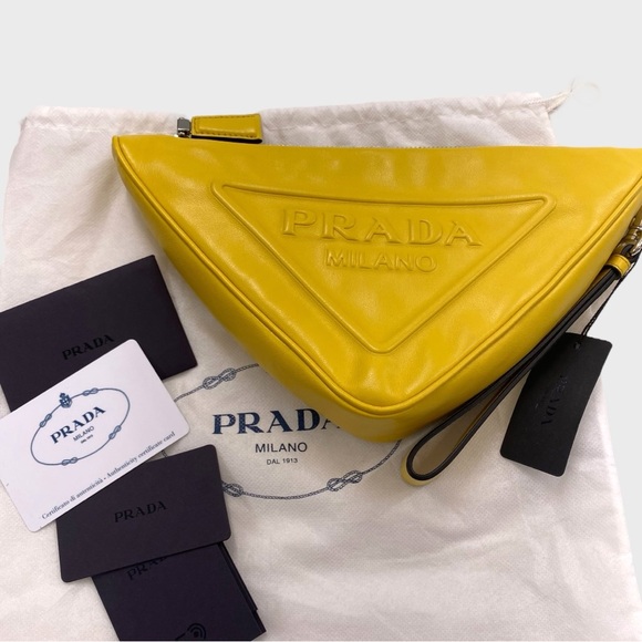 PRADA NWT Yellow Grace Leather Triangle Wristlet Pouch Detachable Strap - Picture 2 of 16